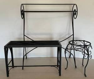 Three Metal Items Including, Blanket Stand, Plant Stand & Metal Bench