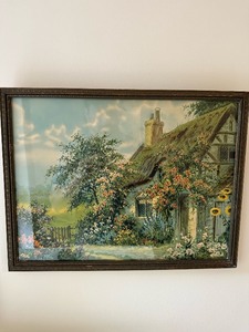 lot 22 image: Vintage 1920s Framed Fox Print Lithograph Thatched Roof English Country Cottage Scene 17x13