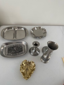 lot 52 image: Vintage Pewter CC Cantrell Bread Tray Plate Give Us This Day Our Daily Bread Pewter Candle Holders and More