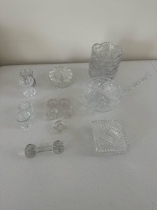 lot 51 image: Vintage Crystal Knife Rest Trinket Box Bowls Salt Cellars Tooth Pick Holders and more 18pcs