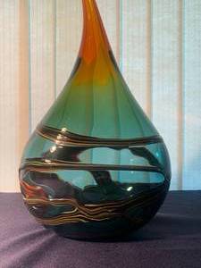 lot 105 image: Teal and Amber Art Glass Bottle Handmade Glass with Striping