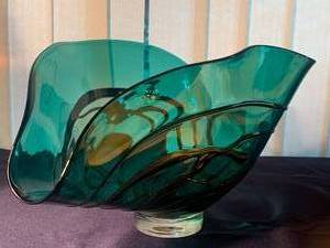 lot 106 image: Teal and Amber Art Glass Bowl Handmade Glass with Striping