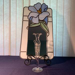lot 123 image: Blue Flower Mirror, Willow tree figure, Two Belleek vases, Candle, Snuffer, Trinket Box