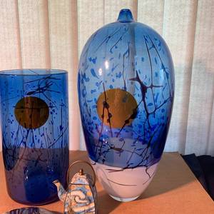 lot 124 image: Matching Vases, Glass Paperweight, Enameled Brass Pot