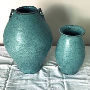 lot 8 image: Pair of Aqua Glazed Hand Thrown Pottery Clay Urns
