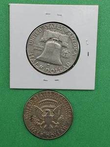 1 1963-D Franklin Half Dollar & 1 1964 Kennedy Half Dollar