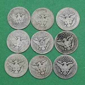 (9) Barber Quarters - 90% Silver
