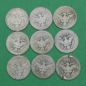 (9) Barber Quarters - 90% Silver