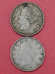 (2) 1883 V-Nickels No Cents, 1 has a plugged hole, PLUS 11 more V-Nickels