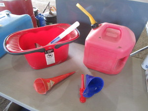 Gas Jug, Funnels, Car Wash Bucket