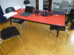 lot 108 image: Red table 30x60 and 4 chairs in very good condition