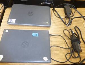lot 111 image: TWO HP chromebooks in working condition (Chromebook 11 G7 EE 11.6 inch Intel Celeron N4000, 4GB, 16GB SSD)