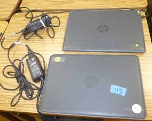 lot 113 image: TWO HP chromebooks in working condition (Chromebook 11 G7 EE 11.6 inch Intel Celeron N4000, 4GB, 16GB SSD)