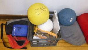 lot 128 image: Misc lot of balls, first aid kit, pillows, bags