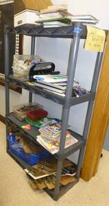 lot 224 image: Plastic shelving and contents - books, crayons, clipboards, markers