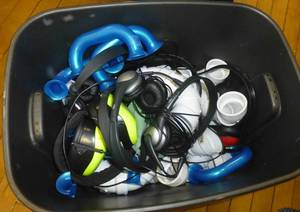 lot 327 image: Tote of headsets and new PVC plumbing pieces