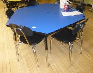 lot 401 image: Two piece blue hexagon table and six chairs