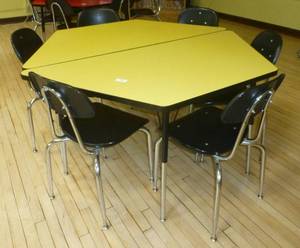 lot 402 image: Two piece yellow hexagon table and six chairs
