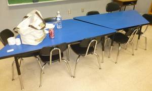 lot 600 image: Two piece blue hexagon table and 6 chairs - Kindergarten1st grade so they are short