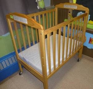 lot 706 image: Baby Crib on wheels with plexiglass ends for easy monitoring