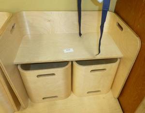 lot 818 image: Wood bench with storage units for gloves, hats, books etc underneath