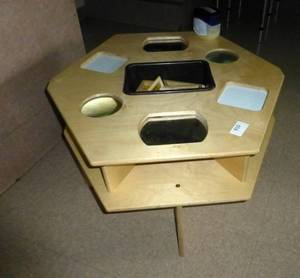 lot 910 image: Wood Hexagon multi function table with mirrors, whiteboard, storage, blocks