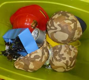 lot G3 image: 2 totes full of costume pieces, hats, glasses