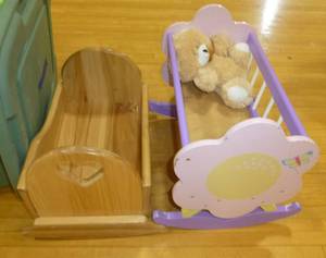 lot G15 image: Two doll cribs and tote of toys