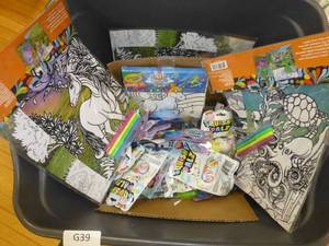 lot G39 image: Tote full of new coloring projects, rabbit bags and misc baskets