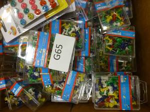 lot G65 image: Box full of probably 150-200 new packages of tacks