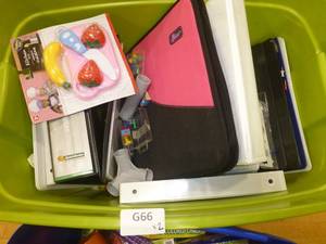 lot G66 image: 2 totes of misc binders, and new packs of chalk, new toys, new bubble wands