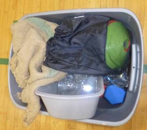 lot G82 image: Tote with 2 backpacks and misc props