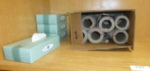 lot C57 image: 3 cases of trash liners, 24x33 inch, 2 cases of natural roll hand towels 8 in x 800 ft, Kleenex, rolls of hand towels