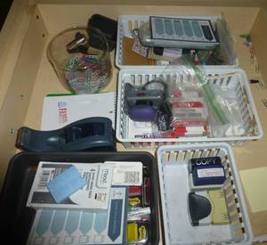 lot O17 image: Tacks, paper clips, small whiteboards, lots of staple removers