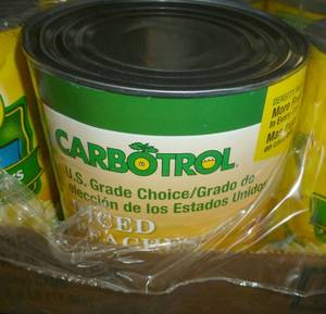 lot K5 image: Two 6lb cans green beans, 1 Diced Peaches, Five 6 lb 10oz Diced Pears