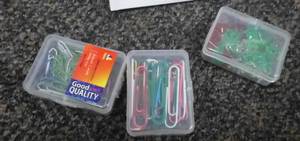 lot O32 image: 10 new cases of paper clips, 3 cases of tacks and 1 case correction tape