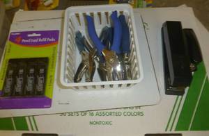 lot O35 image: stapler sets, punches, pencils, glue gun, about 13 full 800 pack of crayons