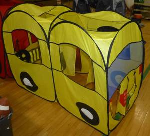 lot G98 image: Popup school bus and fire truck and tote of stuff