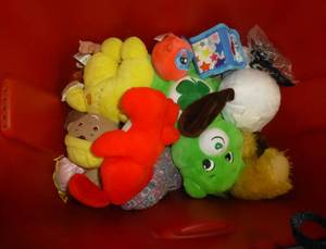 lot G126 image: 2 totes of big blocks and half full tote of stuffed toys