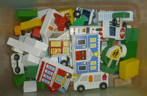 lot G142 image: Slide, box with wood town, box of animals