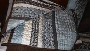 lot 942 image: Queen Bedspread, Bed Skirt, 2 Accent Pillows And One Sham.