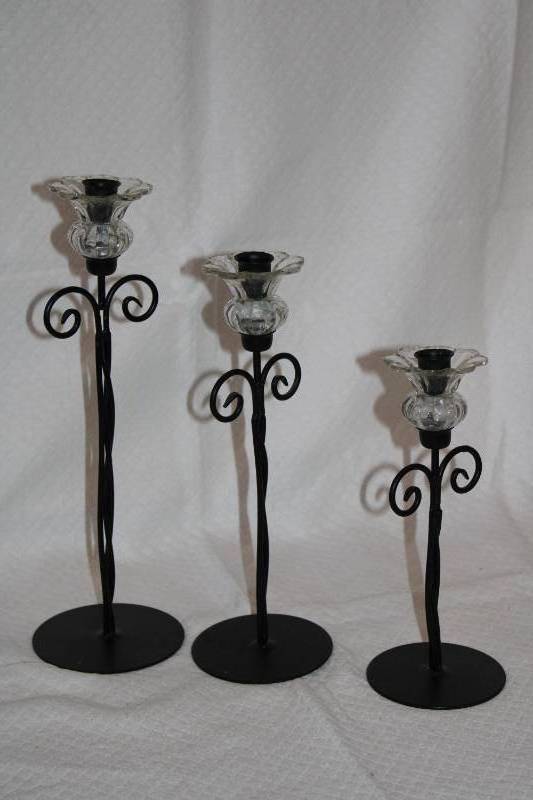 Set of 3 Metal and Glass Candlesticks