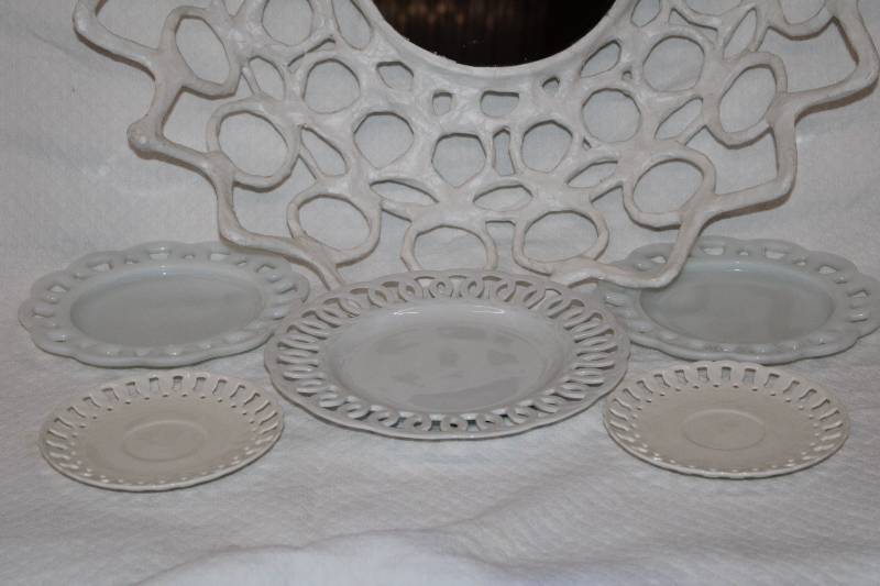 Lot of Milk Glass Reticulated Open Lace Trim Plates and Wall Mirror