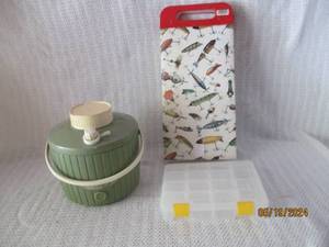 lot 37 image: Fishing Accessory Bundle Vintage Water Jug, Bait Box, and Tackle Board