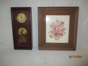 lot 45 image: Antique Wall Clock and Framed Floral Print