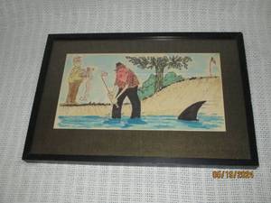 lot 46 image: Framed Cartoon Golf Artwork with Fisherman and Shark