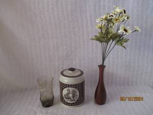 lot 59 image: Decorative Lot with Ceramic Jar, Glass Vase, and Wooden Vase with Artificial Flowers