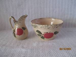 lot 61 image: Vintage Hand-Painted Ceramic Apple Design Pitcher and Bowl Set
