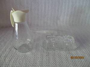 lot 121 image: Vintage Glass Pitcher with Plastic Lid and Crystal Butter Dish