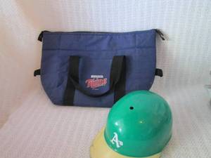 lot 250 image: Minnesota Twins Tote Bag and Oakland As Batting Helmet